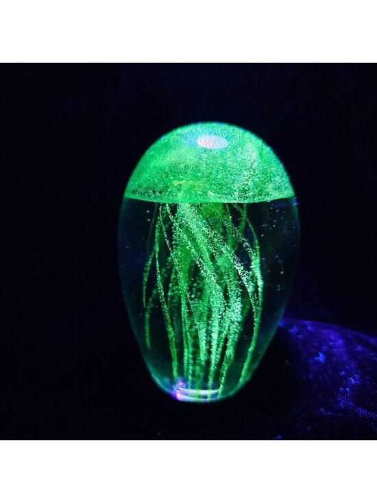 Handmade Other - Hand-Blown Glass Jellyfish Paperweight Figurine UV Reactive Green Oval Design